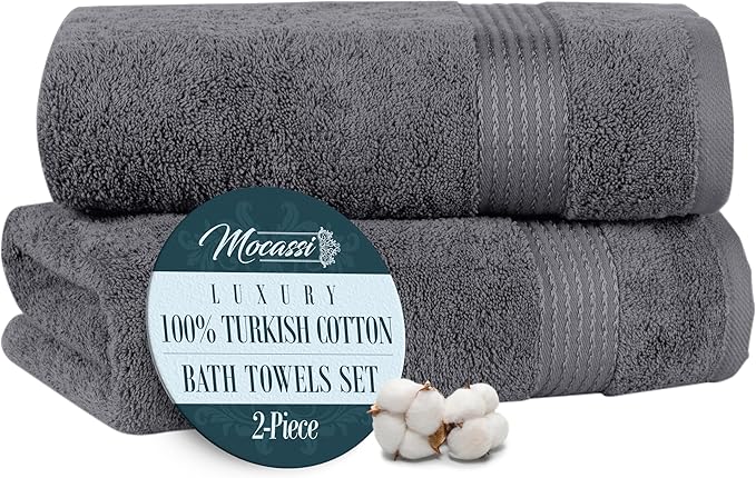Mocassi Luxury 100% Turkish Cotton 2-Pack Bath Towel Set- Ultra Soft, Quick Dry Highly Absorbent 27 x 54 inch Premium Spa Hotel Quality 2PC Bath Towels - Luxurious Soft Bathroom Towels, Gray