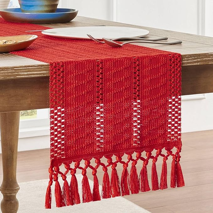 ZeeMart Macrame Style Boho Table Runner, Red Table Runners 90 Inches Long, Farmhouse Woven Home Decor, 12x90 Inch, Red