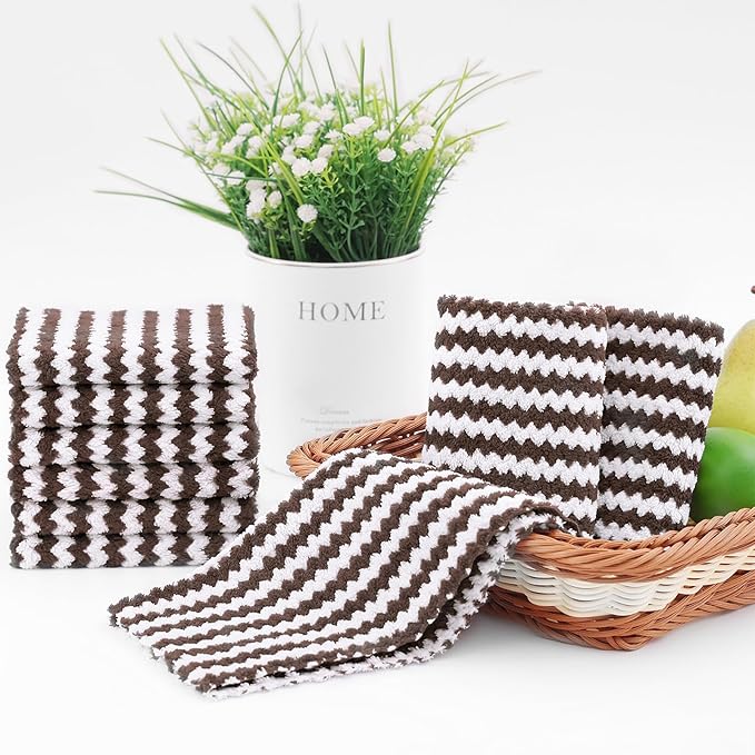 Homaxy 18 Pack Kitchen Dish Cloths, Ultra Soft and Absorbent Dish Towels, Reusable Fast Drying Microfiber Cleaning Cloth, Coral Velvet Wave Design no-lint, 10 x 10 inches, Brown