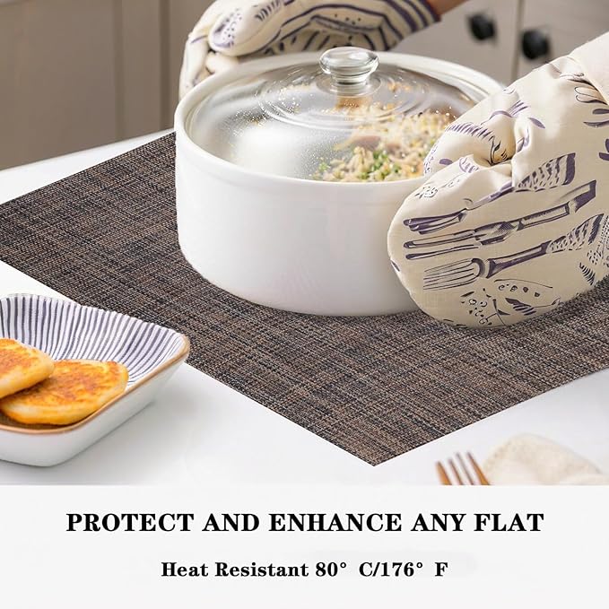 Brown Black Placemats Set of 2 - Heat Resistant Non-Slip Place mats for Dining Table, Washable Durable PVC Vinyl Woven Table Mats (Brown Black, 2)