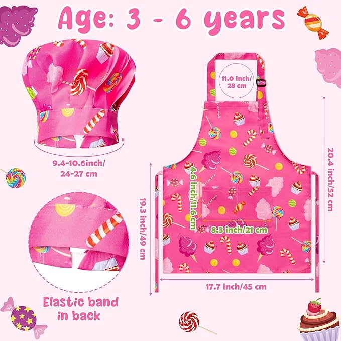 GROBRO7 4Pcs Kids Apron and Chef Hat Set Gift for Girls Boys, Cookie Cupcake Candy Prints Kitchen Pretend Play Child Pink Adjustable Aprons with 2 Pockets Waterproof Smocks for Baking Cooking Painting