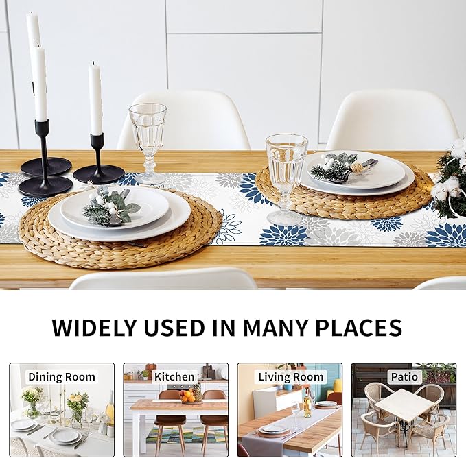 Dahlia Flower Table Runner 13x90 Inch Farmhouse Blue Gray Runners Modern Table Decorations Rustic Geometric Coffee Table Runner for Home Kitchen Dining Room Party (13"x90", Dahlia Floral-Blue)
