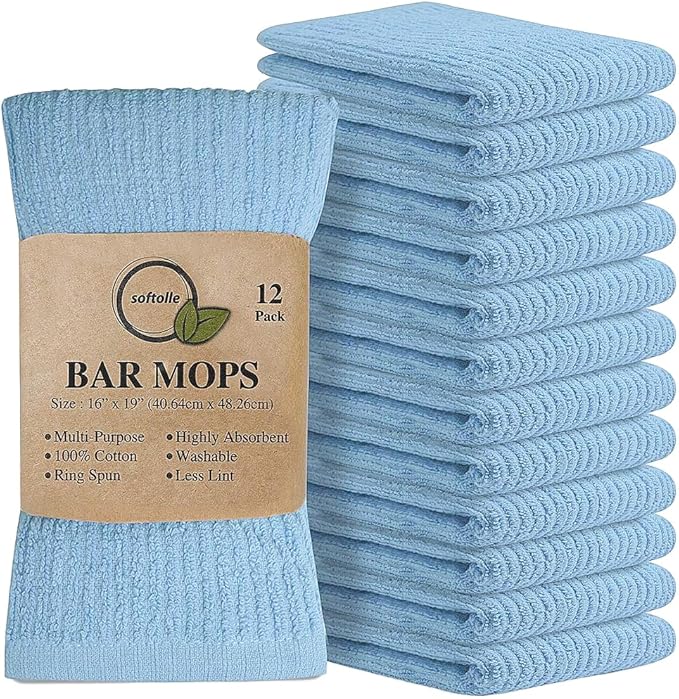 Softolle Bar Mop Towels, Pack of 12-16x19 Inches - 100% Cotton Super Absorbent Towels, Multi-Purpose for Home and Bar Cleaning (Electric Blue)