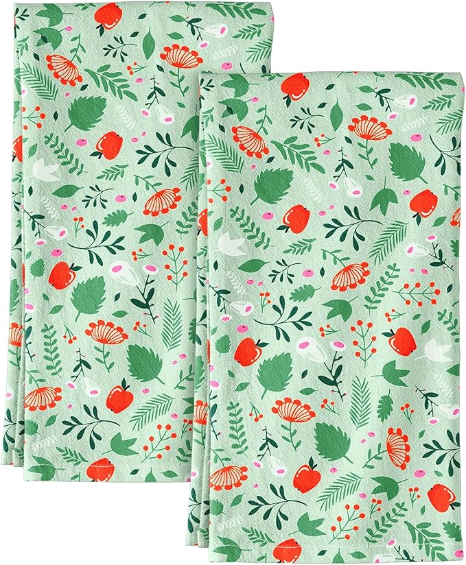 Miss Adola Flour Sack Kitchen Towels Set of 2-18x26 Cotton Dish Towels with Hanging Loop Reusable Tea Towel for Cleaning Spring Absorbent Dishcloths Cute Home Decor Housewarming, Green Leaf Fruit