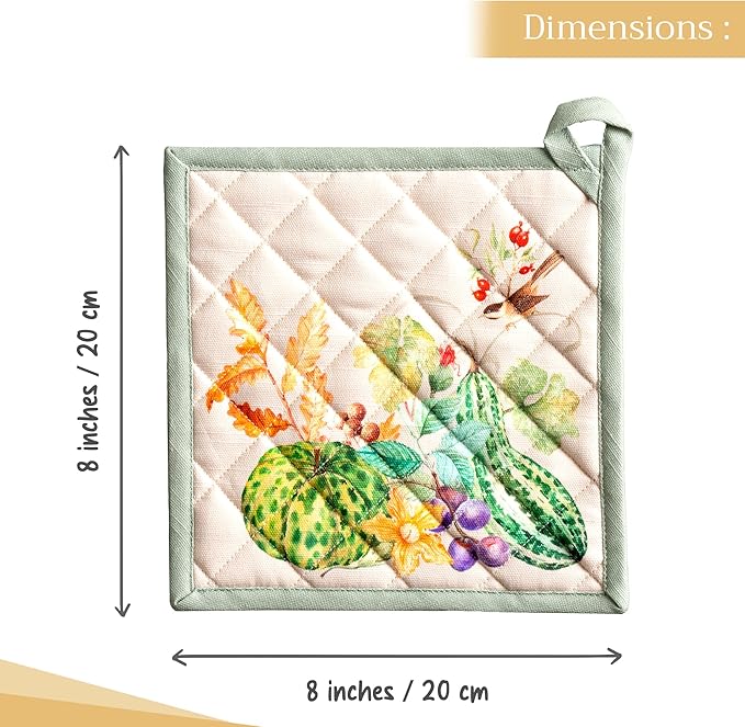 Maison d' Hermine Pot Holders Set 100% Cotton Heat Resistant Potholders 8" x 8" Hot Pads with Loop for Thanksgiving Christmas Decorations BBQ Cooking Baking Handling Hot Pans (Pack of 2, Lumina)