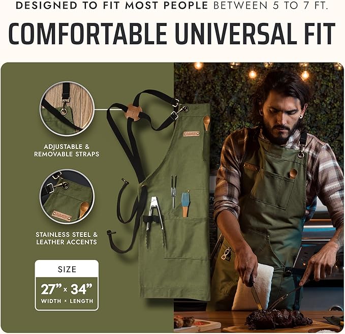 Asaya Chef and BBQ Apron with Bottle Opener and Hand Towel - 10oz Cotton Canvas, Stainless Steel Hardware - Cross Back Straps