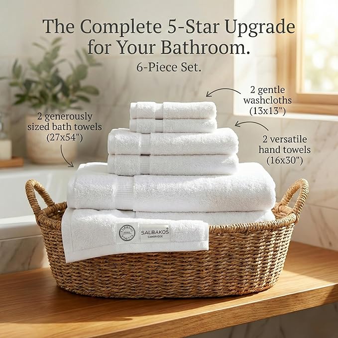 SALBAKOS 100% Turkish Cotton Bathroom Towel Set of 6 White | Premium Quality Turkish Towel Set for Gift | Hotel Collection Bath+Hand+Washcloth Towel Sets | Made in Turkey (White, 6 Piece Towel Set)