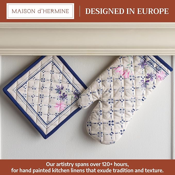 Maison d' Hermine 100% Cotton Oven Mitt & Pot Holder Set (7.5"x13" & 8"x8") Heat Resistant BBQ Cooking Gloves with Loop Baking Grilling Kitchen Gifts for Mothers Day Spring/Summer (Faience)
