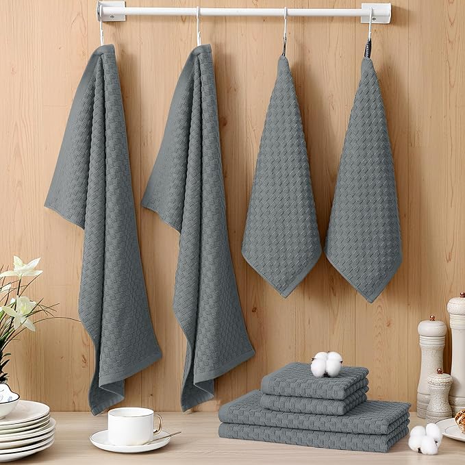 Homaxy 100% Cotton Kitchen Towels and Dishcloths Set, 12 x 12 & 15 x 25 Inches, Set of 12 Bulk Terry Cloth Dish Towels, Super Soft and Absorbent Hand Towel with Hanging Loop, Dark Grey