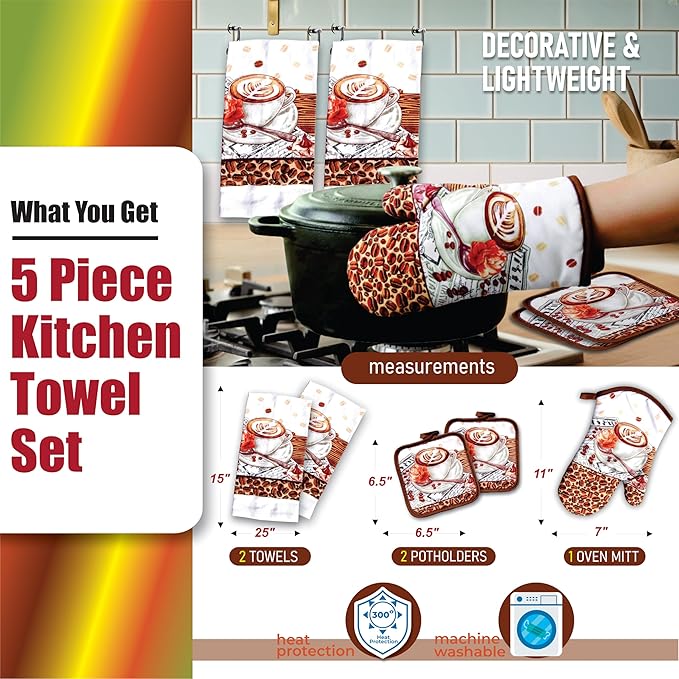 Lobyn Value Packs: Café Latte5 Piece Kitchen Towel Set with 2 Decorative Dish Towels (25 X15), 1 Oven Mitt (11 X 7) and 2 Potholders (6.5 X 6.5) Perfect for Coffee Lovers