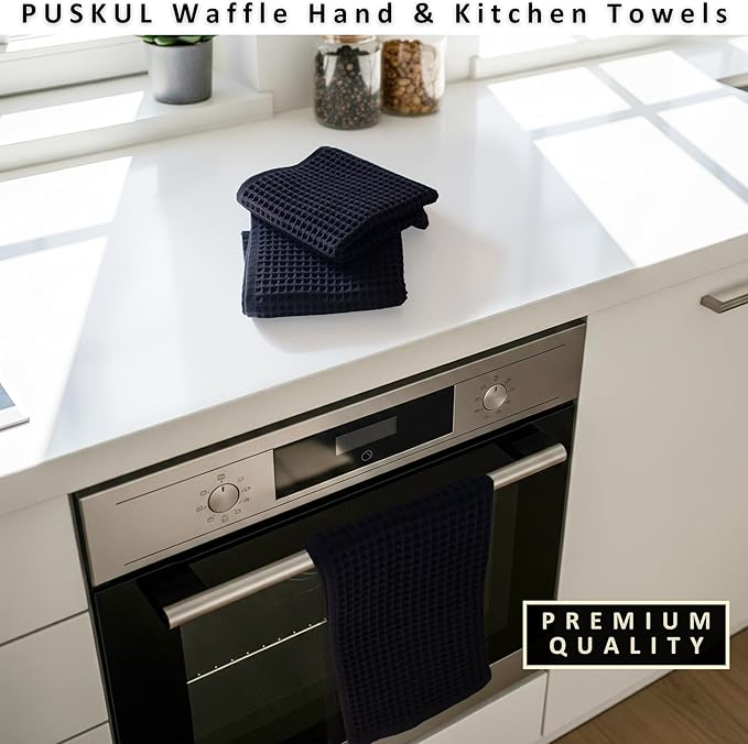 PÜSKÜL Natural 100% Turkish Cotton Waffle Kitchen Towels Set of 3 | Oeko-Tex, Premium Waffle Hand Towels for Bathroom | Soft Absorbent Quick-Dry Lint-Free Dish Towel Large 32x16 inch (3, Black)