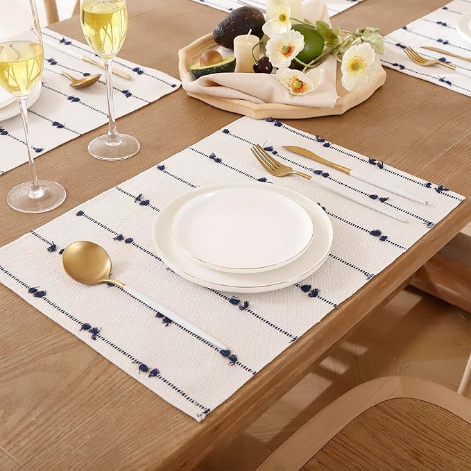Boho Placemats 13 x 19 Inch Set of 6 for Dining Table Decor Woven Cloth Place Mats for Farmhouse Rustic Kitche Spring Home Decor Cotton Placemats Blue and Beige Table Mats