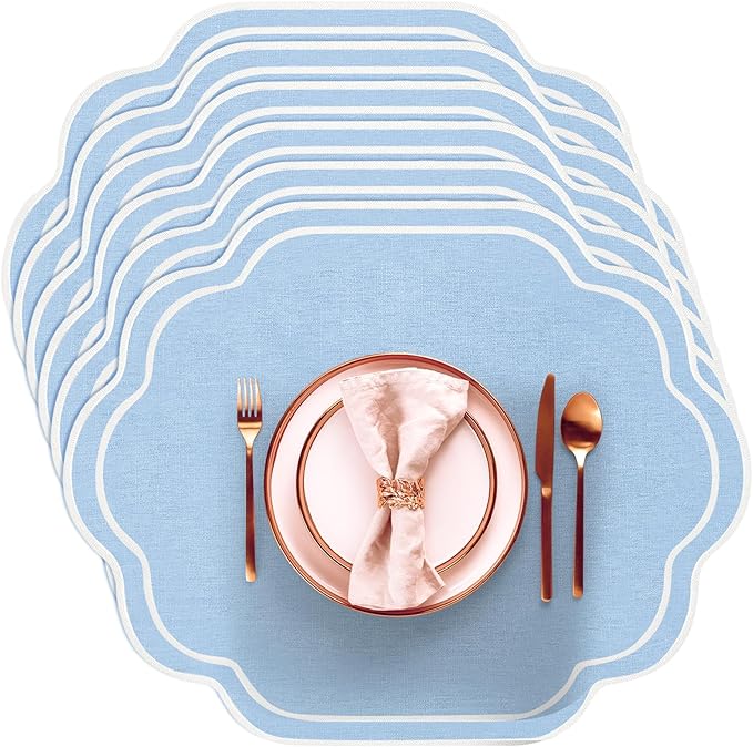 Breling 6 Pcs Wedding Placemats Scalloped Embroidered Cotton Linen Placemats 17" x 13" Double Layered Machine Washable Table Place Mat for Party Table Decor (Light Blue)