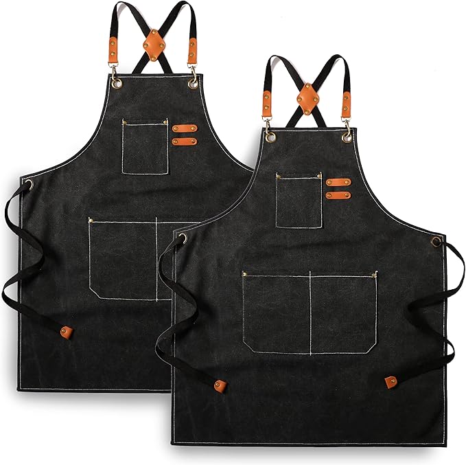 Tosewever 2 Pack Canvas Cross Back Chef Apron for Men Women with Pockets, Cotton Tool Aprons for Cooking Kitchen BBQ Artist