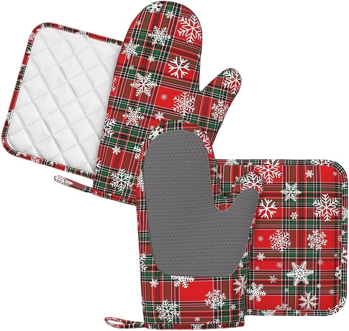 Christmas Plaid Snowflake Oven Mitts and Pot Holders Set, 4pcs Red and Green Checkered Silicone Oven Glove for Kitchen Heat Resistant Buffalo Plaid Oven Mitts and Potholders Non-Slip for BBQ