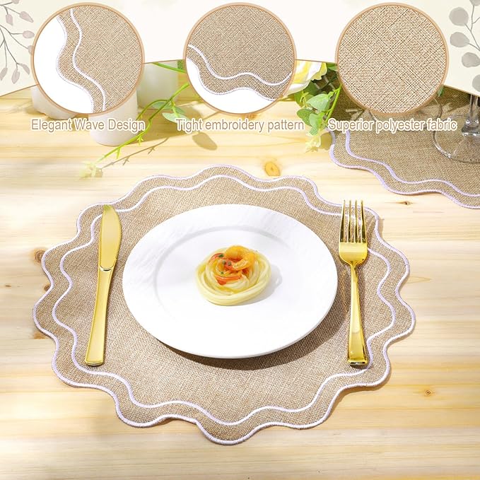 Set of 12 Cotton Linen Placemats, 15x15 Scalloped Flower Embroidery Cloth Table Mats Double Layered Fabric Washable Wrinkle Free Dining Placemat for Restaurant Kitchen Decor(Linen with White)