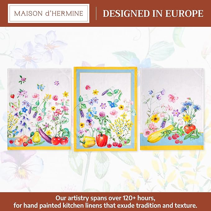 Maison d' Hermine Kitchen Towels Set of 3 100% Cotton 27.50" x 20" Reusable Cloth Tea Dish Towels Absorbent with Hanging Loop for Kitchen Gifts for Mothers Day Spring/Summer (Giverny)