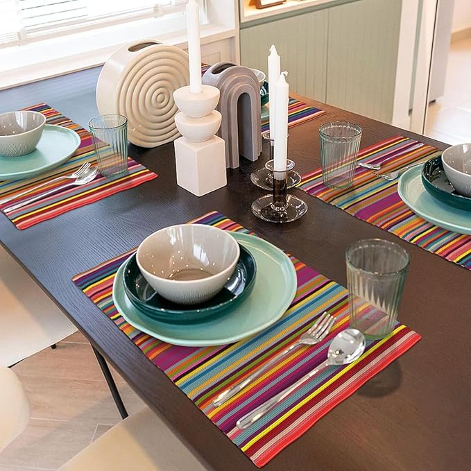 Niviy Bright Colorful Striped Placemats Set of 6, 12x18 Inch Rainbow Colored Geometric Pattern Table Mats for Holiday Party Kitchen Dining Room Decoration