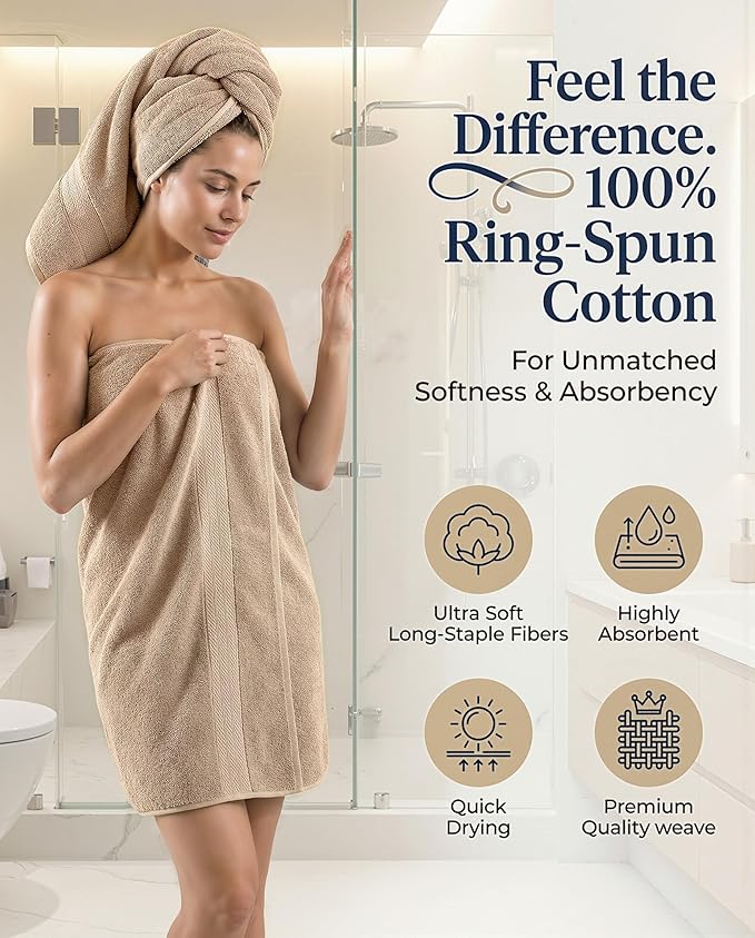 Lane Linen 100% Cotton Towel Set for Bathroom - 24 PCs - Durable, Soft, Quick Dry & Absorbent Towels - 2 Bath Sheet, 4 Fingertip, 8 Washcloths, 4 Bath & 6 Hand Towels for Bathroom - Family Set - Beige