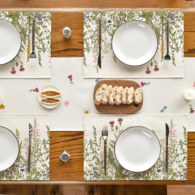 Artoid Mode Antique Herbs and Wild Flowers Spring Placemats Set of 2, 12x18 Inch Seasonal Summer Table Mats for Party Kitchen Dining Decoration