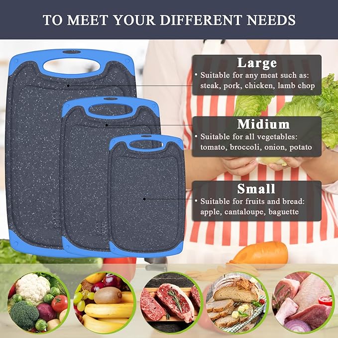 Plastic Cutting Board, 3 Pieces Dishwasher Safe Cutting Boards with Juice Grooves, Easy Grip Handle, Non-Slip, with Grinding Area for Grinding Garlic and Ginger（blue）