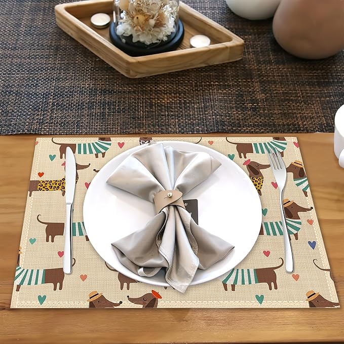 Dachshund Dogs Placemats Set of 6 Linen Heat Resistant,Love Hearts Table Mats Washable Rustic Place Mats Decoration for Home Kitchen Dining Room Party 12x18 Inch