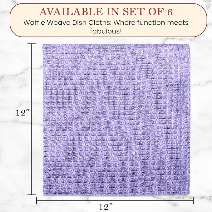 Vintage Vista 100% Cotton Waffle Dish Cloths (Pack of 6) - Dish Rags for Washing Dishes - Reusable & Highly Absorbent Kitchen Towels - Kitchen Rags fo Easter - (12" x 12" - Purple)