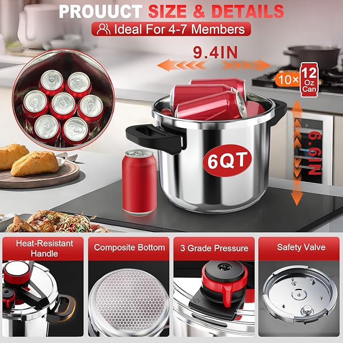 3-In-1 304 Stainless Steel Pressure Cooker 6.3 Quart: [Explosion-Proof] [3 PSI Settings], One-Hand Locking Pressure Canner, Induction Compatible, Glass Lid & Steamer Rack Included, Olla de Presion,N3