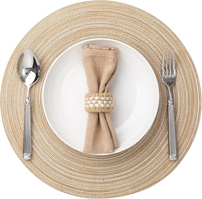 Round Placemats Set of 8 Woven Placemats Washable Braided Table Mats for Dining Table Heat Resistant Non-Slip Circle Place Mats(Beige)