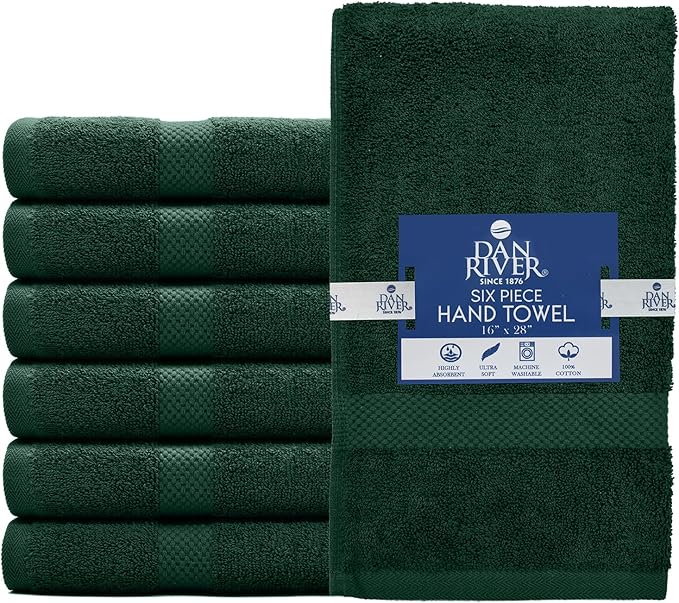 DAN RIVER 6-Pack Premium Hand Towels (16x28 Inches) - 100% Cotton, Ultra Soft, Lightweight, Highly Absorbent Towels for Bathroom, Spa, Gym, Salon, Hotel, and Travel - Hunter Green