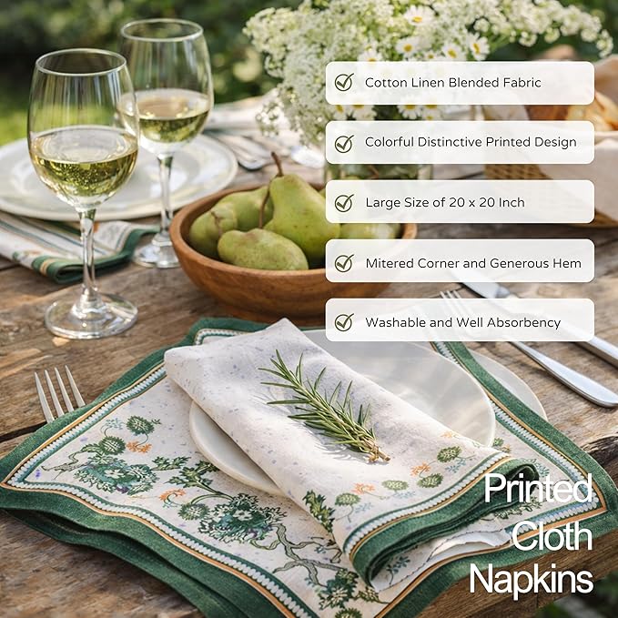 FINGERCRAFT Cloth Napkins, Set of 12 Cotton Linen Blend Printed Dinner Napkins Cloth Mitered Corner Perfect for Parties Dinners Weddings Cocktail Christmas Easter 20x20 Country Side