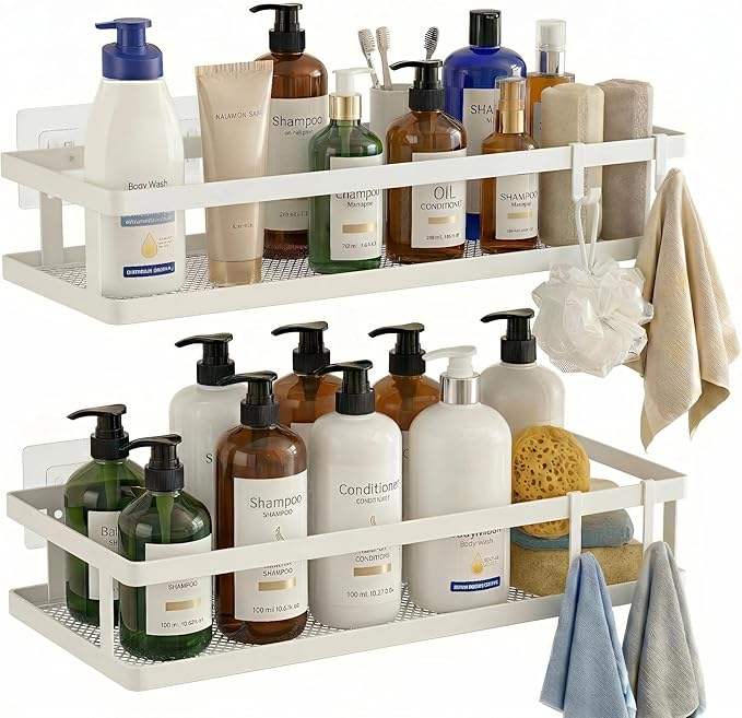 PUSDON 2-Pack Minimalist Shower Caddy Wall Mount, Open Frame Bathroom Shelf Organizer with Mesh Base, Rustproof Floating Spice Rack for Kitchen, Holds 50 LBS, 4 Hooks - White, Guardrail