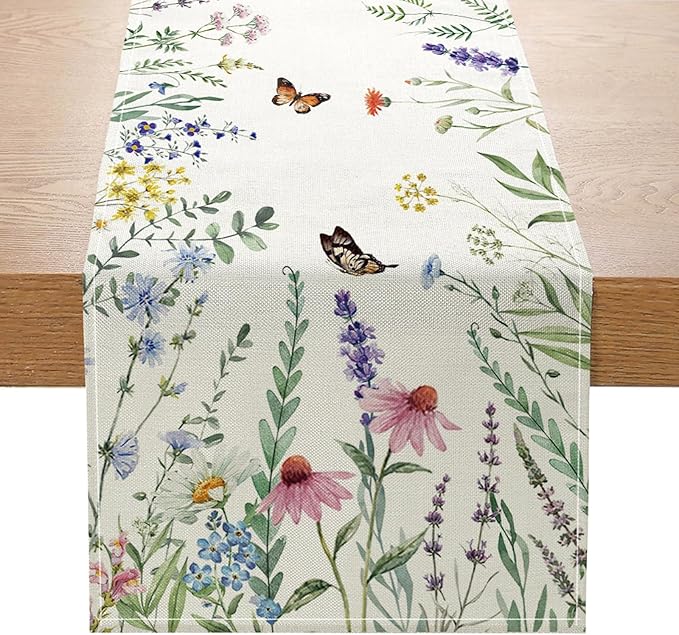 ONFAON Spring Decorations for Home,Daisy Eucalyptus Lavender Floral Leaves Summer Table Runner,Seasonal Spring Kitchen Dining Table Decoration for Home Party Decor 13x72 Inch