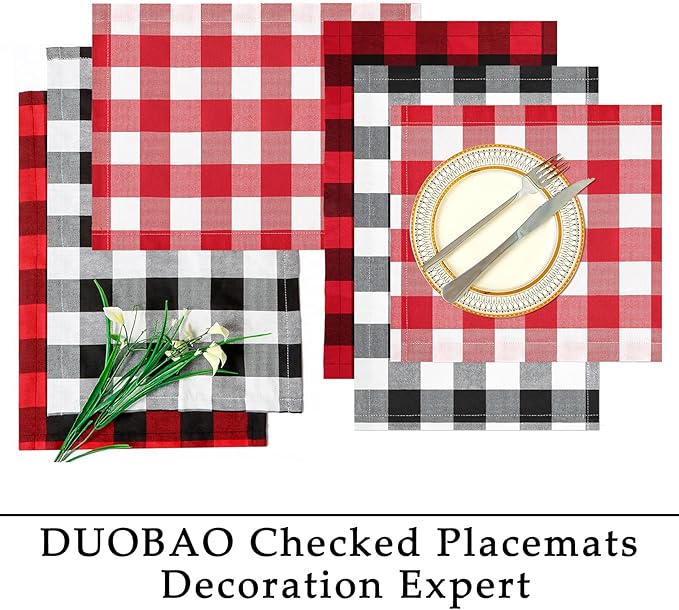 DUOBAO Checkered Placemats Set of 4, 12x18 Inch Red Black Buffalo Plaid Table Mats, Farmhouse Kitchen Dining Decor for Holidays, Weddings, Christmas, Thanksgiving, Parties