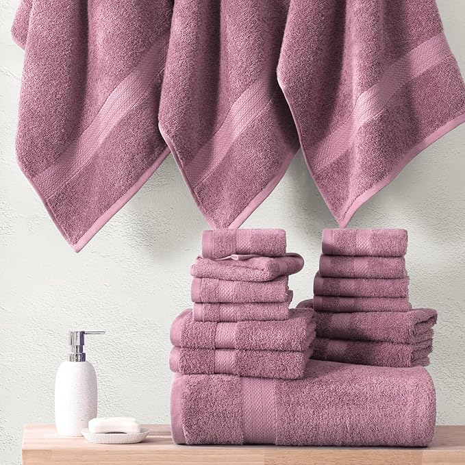 LANE LINEN 100% Cotton Turkish Towels for Bathroom - 6 Piece - Softer & Highly Absorbent - 2 Bath, 2 Wash cloths, 2 Hand Towels - Complete Family Set, Hotel Quality & Gentle on Skin - Wistful Mauve