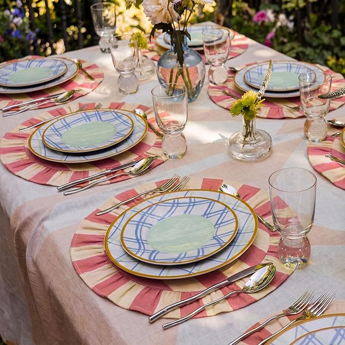 4 Pcs 15 Inch Cotton Scalloped Round Placemats, Pink and White Stripes Thin Place Mats with Ruffle, & Washable Placemats Table Mats for Kitchen Dining Holiday Gatherings Decor