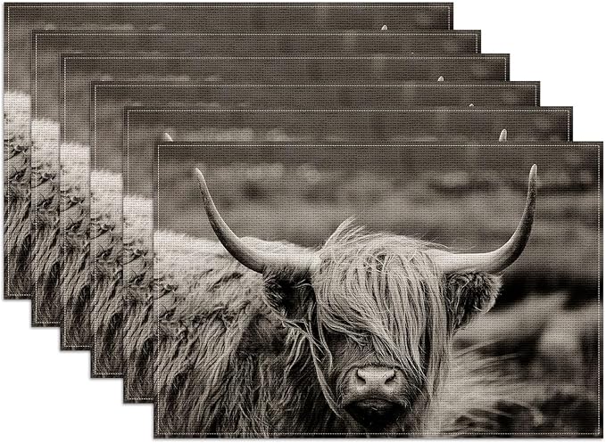 Highland Cow Placemats Set of 6,12x18 Inch Linen Place Mat Washable Stain Resistant Table Mats for Spring Summer Seasonal Farmhouse Kitchen Party Home Decor