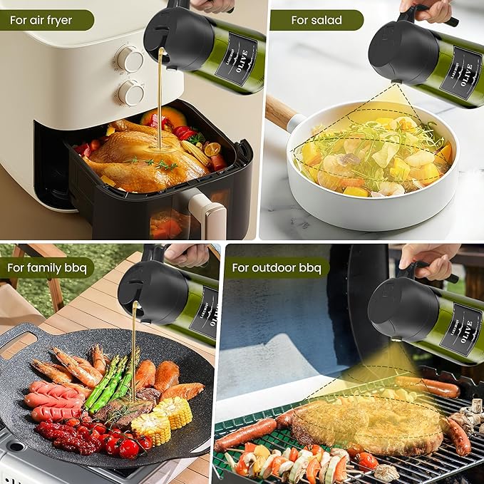 LAKUMIQI 2 in 1 Oil Sprayer for Cooking, 16oz Olive Oil Dispenser Bottle for Kitchen, Food Grade Light-Blocking Leak Proof Glass Spray Bottle for Salad, Air Fryer, BBQ