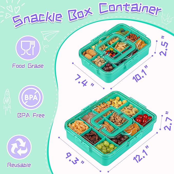 Xyptorix Snack Box Container for Kids - Adjustable 12-Compartment Snack Containers, Reusable Bento Box, Dishwasher Safe, BPA-Free, Perfect for School, Travel, Camping & Picnic, Green, Large