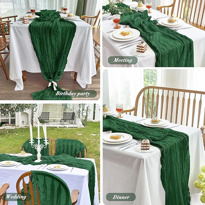 IVAPUPU 4 Pcs Cheesecloth Table Runner - 10ft Emerald Green Boho Gauze Cheese Cloth Table Runners for Baby Shower Decorations Wedding Party Summer Garden Decor