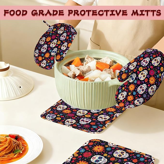 Mexican Skull Heat-Resistant Silicone Oven Mitts and Pot Holders 4 Piece Set,Sugar Skull Day of The Dead Extra Long Non-Slip Kitchen Oven Gloves for Cooking, Baking, BBQ,Grilling