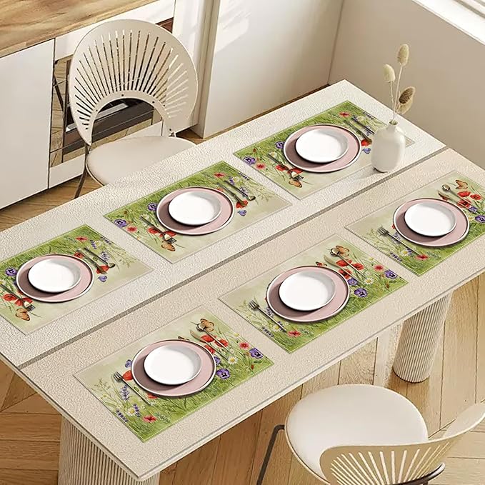 Poppy Flower Butterfly Placemats Set of 6, Washable Heat Resistant Table Mat Linen Place Mats for Party Kitchen Dining Home Decor 12x18 Inch