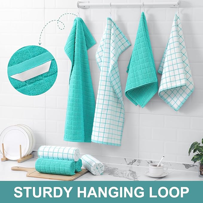 Homaxy Premium Cotton Kitchen Towels 16"x 28", Large Natural Ring Spun 390 GSM Dish Towels, Super Absorbent Terry Kitchen Hand Towels, Soft Tea Towels with Hanging Loop, Aqua Check Design, 8 Pack