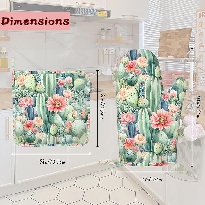 Cactus Flower Succulent Plant Heat-Resistant Silicone Oven Mitts and Pot Holder 4 Piece Set,Non-Slip Kitchen Oven Gloves for Baking, BBQ, Cooking,Grilling
