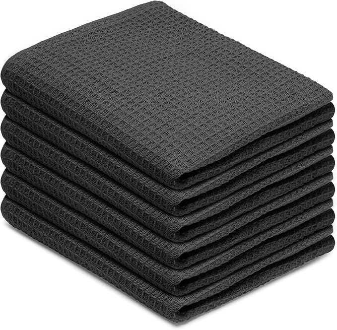 Blue Needles Waffle Weave Kitchen Towels, 15x25 Inches 100% Cotton Set of 6 Dish Towels for Kitchen, Ultra Soft & Absorbent with Hanging Loop, Spring Summer Dish Rags for Quick Drying - Black