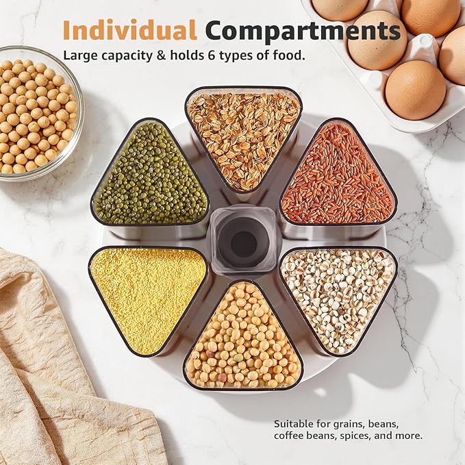 6-Grid Rotating Grain Storage Bins & Pantry Food Organizer, Dry Food Canister Set for Cereal, Grain, Snacks, Coffee Beans, Kitchen Countertop Storage