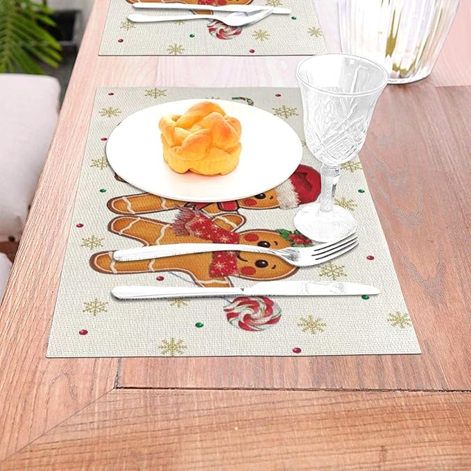 Christmas Place mats Set of 4,12x18 Inches Brown Gingerbread Man Decorative Christmas Decor Placemats Rectangle Winter Table Mats for Party Home Kitchen Dining Table Decoration