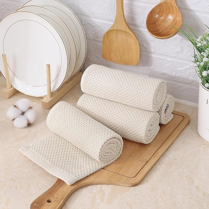 Kitinjoy 100% Cotton Waffle Weave Kitchen Hand Towels (13 X 28 Inches, Beige), 12-Pack Super Soft and Absorbent Dish Towel for Drying Dishes