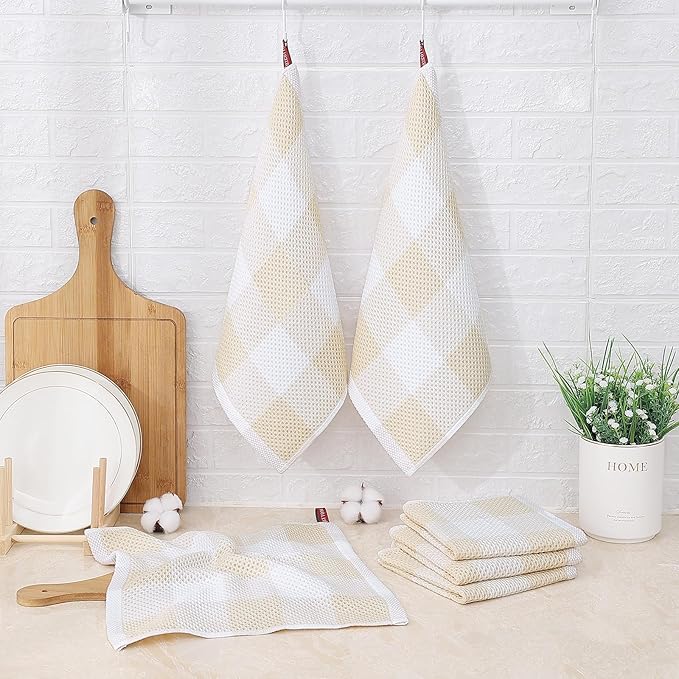 Mordimy 100% Cotton Waffle Weave Plaid Dish Cloths, 12 x 12 Inches, Super Soft and Absorbent Quick Drying Buffalo Check Dish Rags for Kitchen, 6-Pack, Beige & White