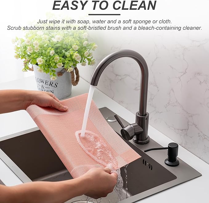 CADONO Placemats Set of 6 Washable Indoor/Outdoor Vinyl Place Mats for Dining Table Durable Non-Slip Heat Resistant PVC Weave Table Mats（Four-Corner-Peachpink）